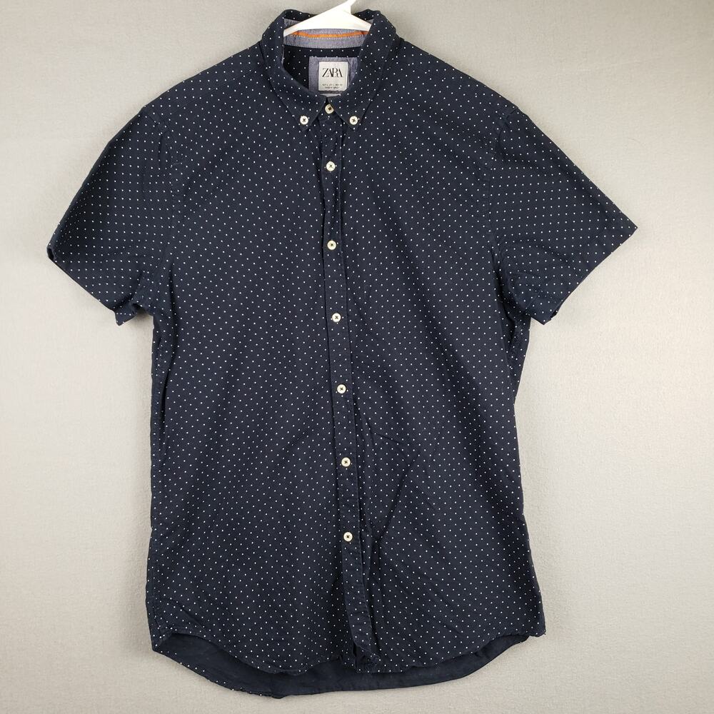ZARA Men's‎ L Short Sleeve Button Up Blue White Polka Dot Slim Fit Office Casual